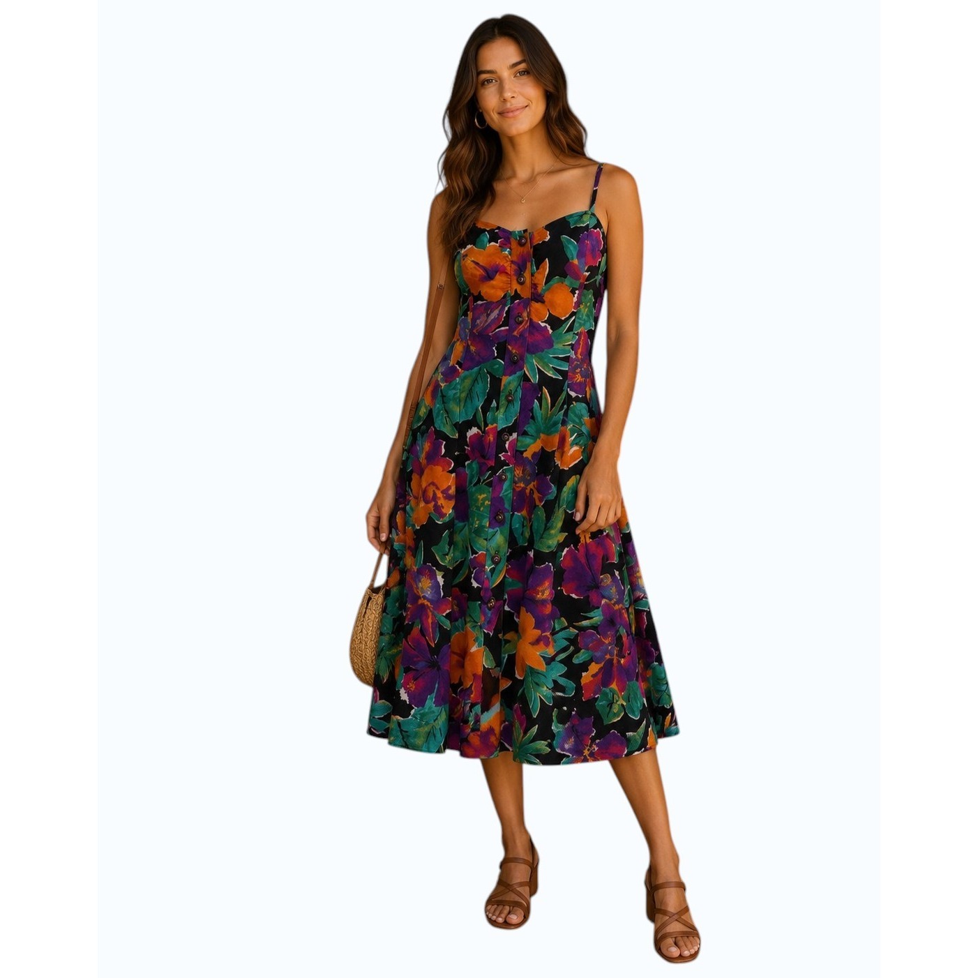 All That Jazz Floral Midi Dress Womens 11/12 Black Purple Vintage 90s Fair Strap